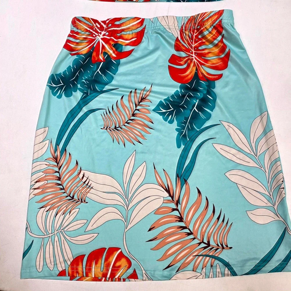 Xinyubaby 2 Piece Skirt Set Womens XXL Teal Tropical Palm Leaf Crop Top Skirt